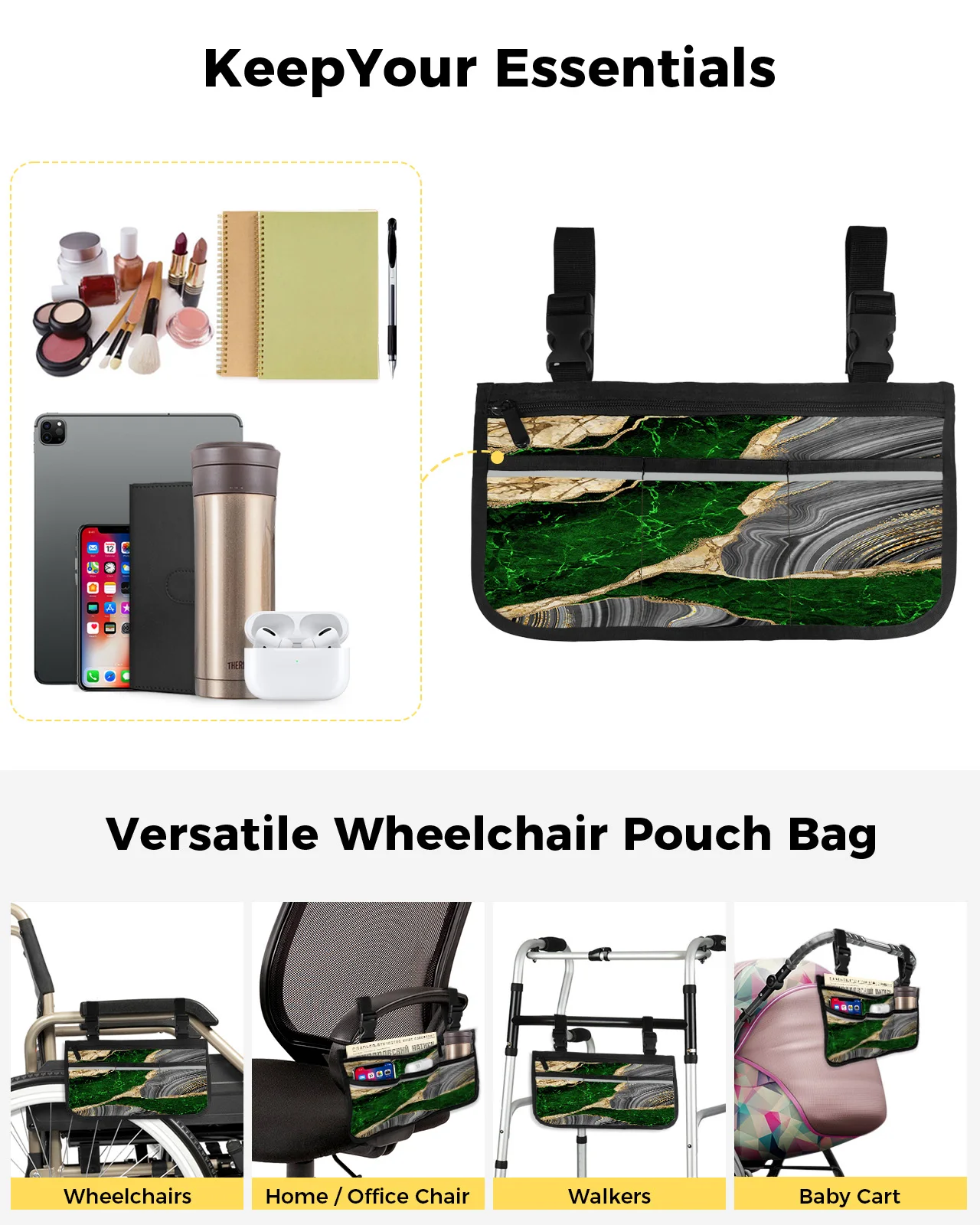 Чанта за инвалидна количка със зелена мраморна текстура, джобове, Подлакътници, Странични чанти, Пешеходната рамка за Електрически скутер, чанта за съхранение Изображение 5