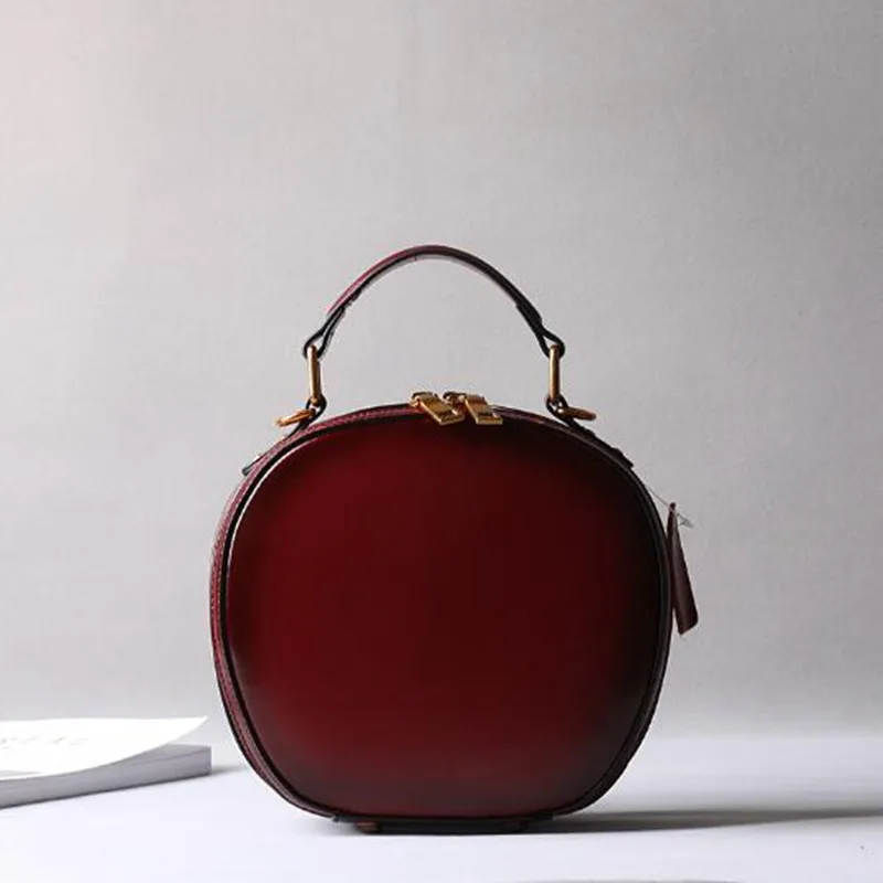 Чанта от телешка кожа 2023 нова кожена дамски ретро чанта Apple от едно рамо през рамо, преносими модни малки кръгли чанти Изображение 5