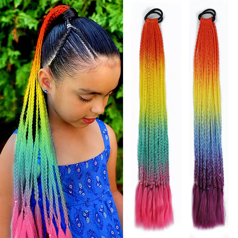 AZQUEEN Удължаване на коса от синтетични цветен оплетена опашка рейнбоу цвят, опашка във формата на конска опашка, с еластична лента, косичка за момичета Изображение 0
