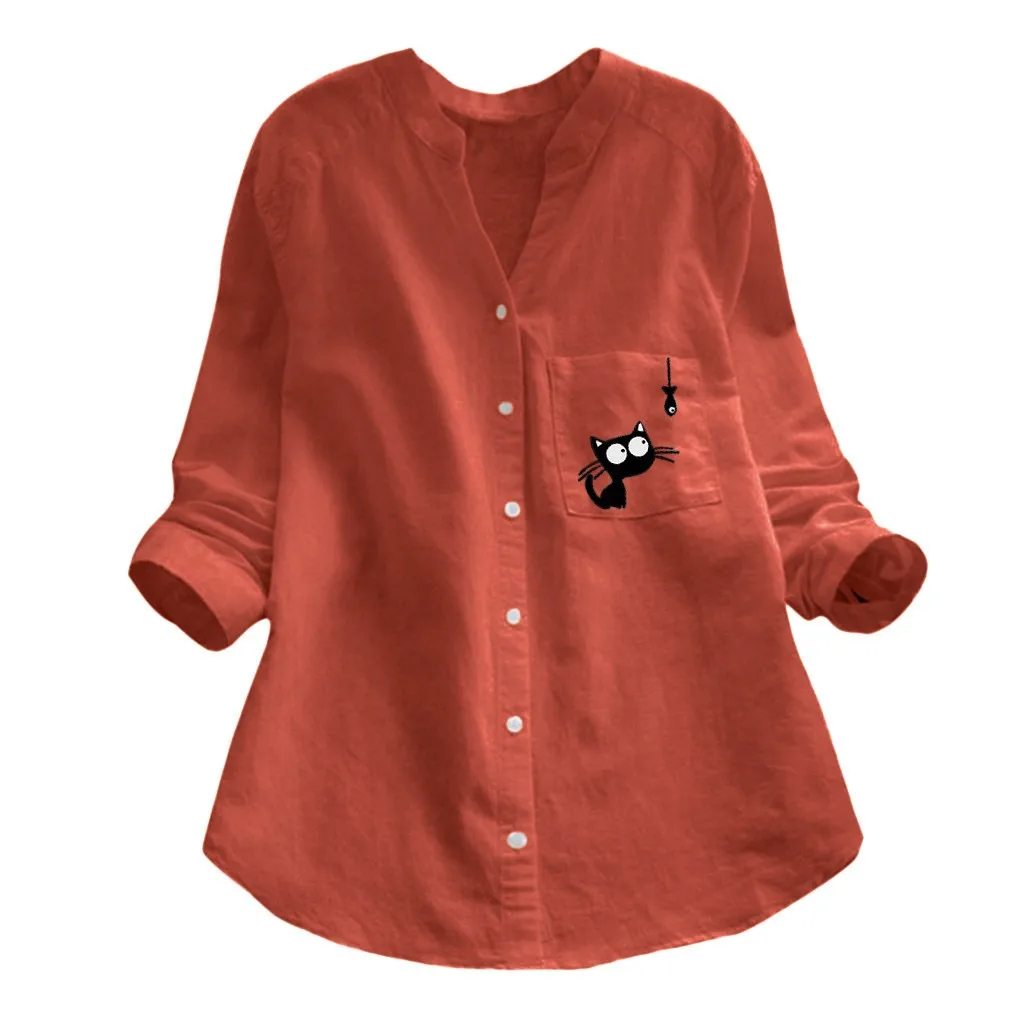 Блуза с принтом Котка, Дамски Памучен Бельо Casual Риза С дълъг ръкав, эстетичные Върховете на копчета, moda mujer, реколта дамска блуза, blusa Изображение 0
