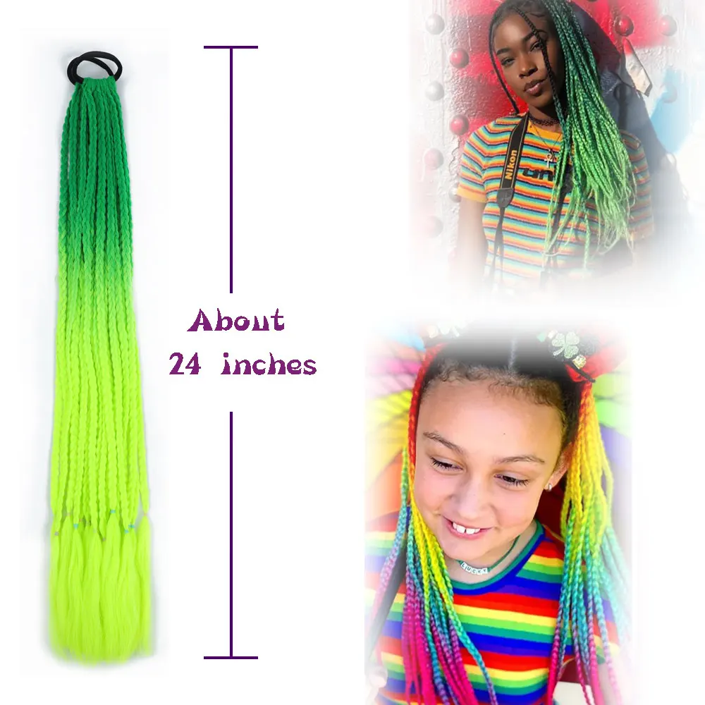 AZQUEEN Удължаване на коса от синтетични цветен оплетена опашка рейнбоу цвят, опашка във формата на конска опашка, с еластична лента, косичка за момичета Изображение 1