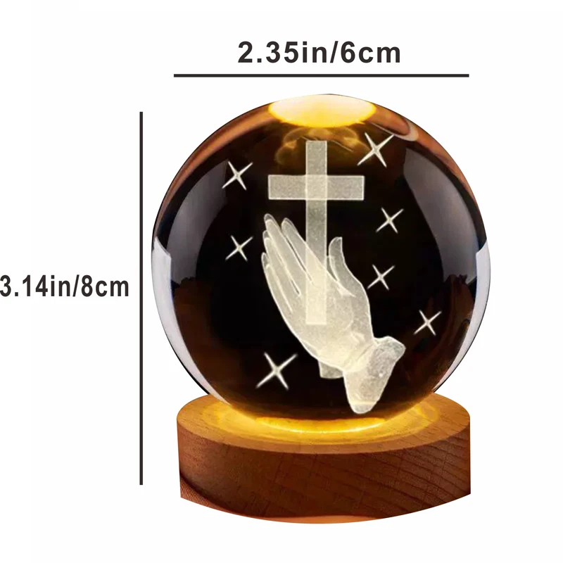 3D кристална топка, кръст в ръка с цветен led ночником, подаръци за молещи ръце за жени, мъже, християни Изображение 4