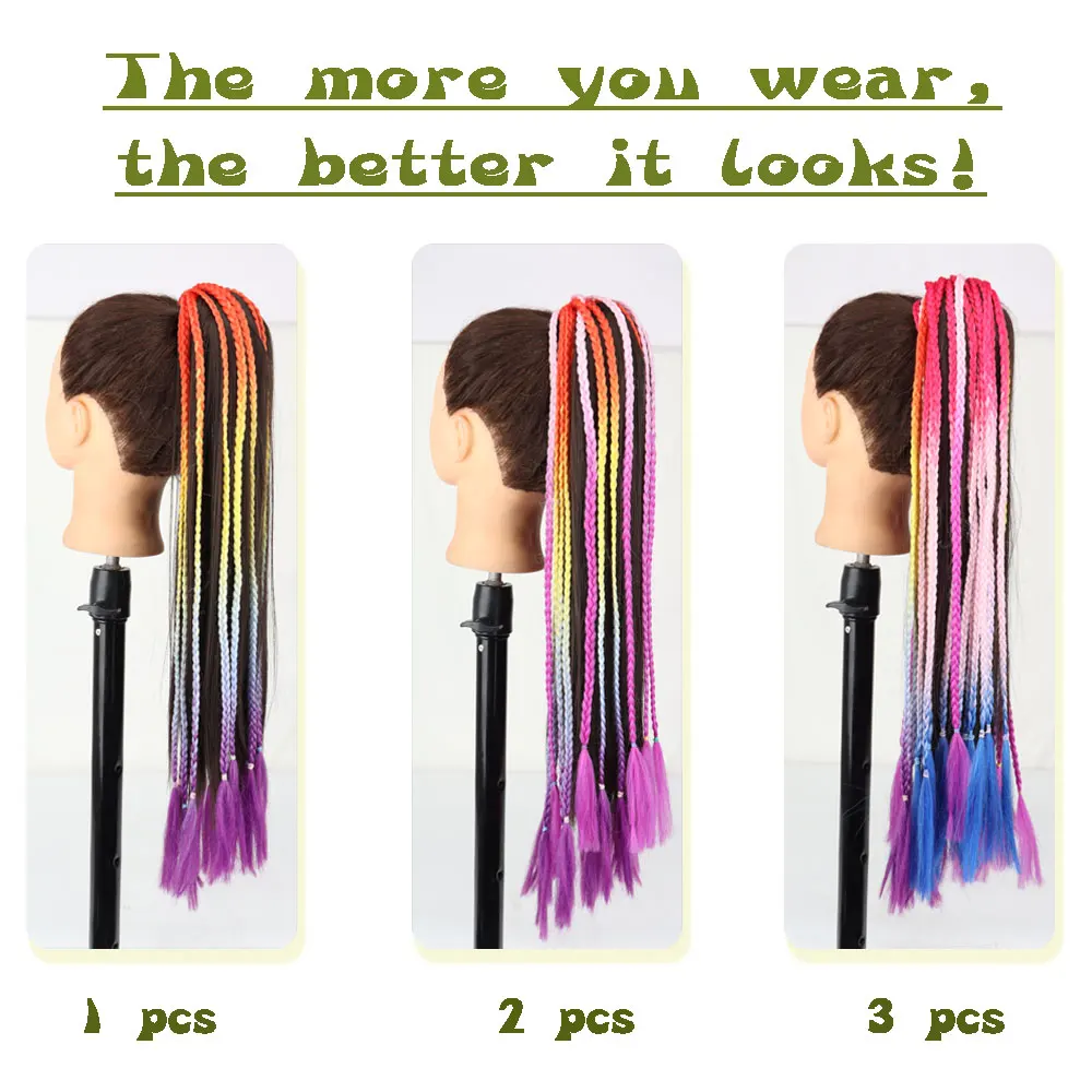 AZQUEEN Удължаване на коса от синтетични цветен оплетена опашка рейнбоу цвят, опашка във формата на конска опашка, с еластична лента, косичка за момичета Изображение 4