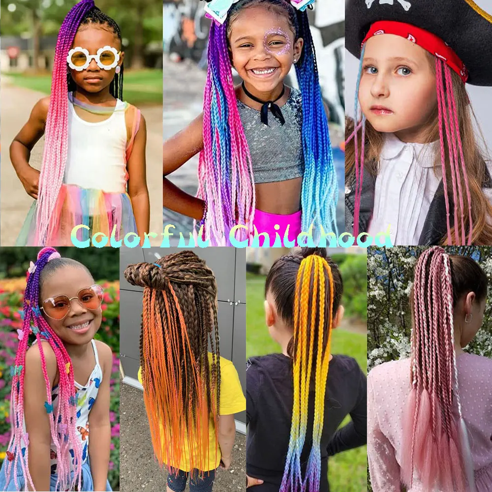 AZQUEEN Удължаване на коса от синтетични цветен оплетена опашка рейнбоу цвят, опашка във формата на конска опашка, с еластична лента, косичка за момичета Изображение 5